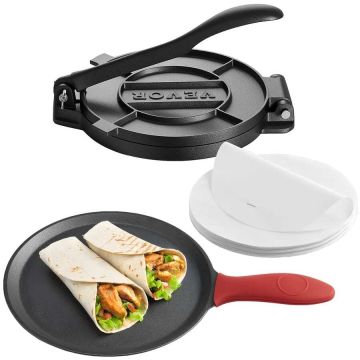 Malmist tortillapress 10 tolli käepideme ja küpsetuspaberiga