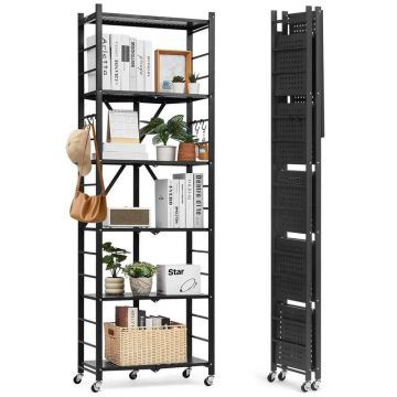 Шестиярусная складная металлическая полка для хранения, 24x12x72 дюйма, черная, с колесиками и крючками.
