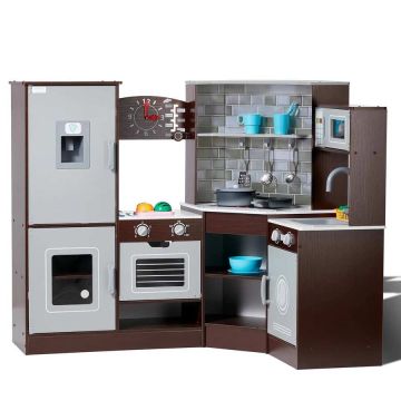 Угловая деревянная игровая кухня со светом и звуком, коричневого цвета, для детей.