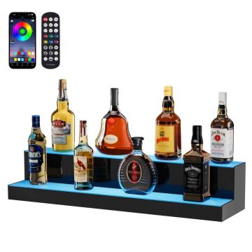 LED Lighted 2 Tier Acrylic Liquor Display Stand, 30 Inch Bar Shelf with RGB Lighting and Remote Control