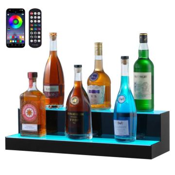 LED Lighted 2 Tier Acrylic Liquor Stand, 24 Inch Bar Shelf, with Remote Control