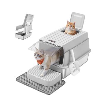 Feandrea Closed Cat Litter Box, 2 Entrances, Light Grey, 60 × 40 × 38 cm