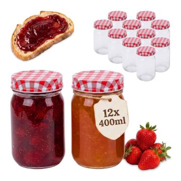 Набор банок с винтовыми крышками Relaxdays, 12 шт. × 400 мл, Красный/белый, Ø 7,5 × 12,5 см