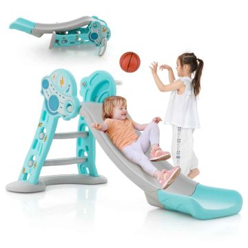 Children's slide, 3 in 1, with basketball hoop, blue and pink, 147.32 × 81.28 × 74.93 cm