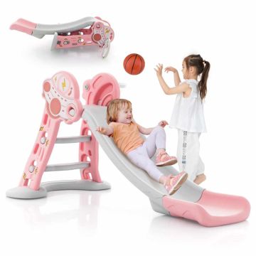 Children's slide, 3 in 1, with basketball hoop, blue and pink, 147.32 × 81.28 × 74.93 cm