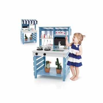 Children's play kitchen, double-sided, With roof, Blue/white, 58 × 56 × 87 cm