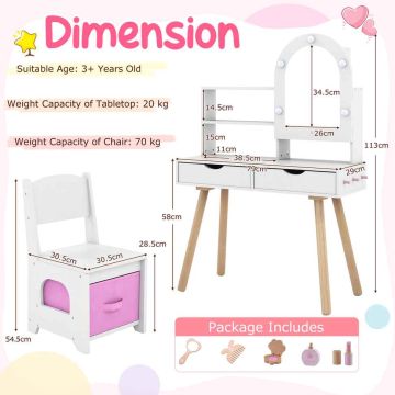 Children's dressing table, with chair, White, 78.74 × 113.03 × 29.21 cm