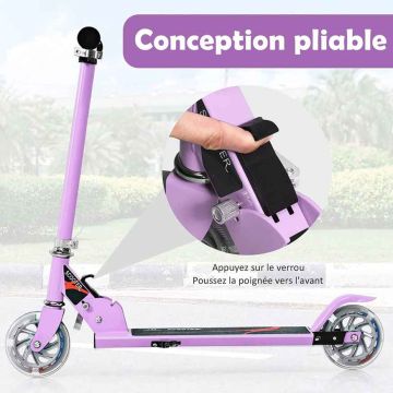Children's scooter, foldable, 2 LED wheels, Purple, 70 × 31 × 63–87 cm