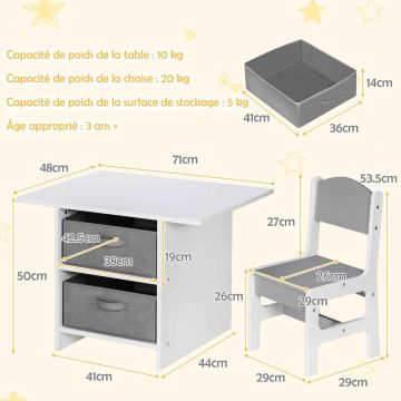 Children's table and chair set, With 2 drawers, gray and white, 71 × 50 × 48 cm
