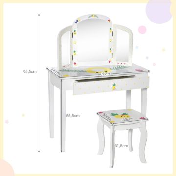 Children's dressing table set, with stool and 3-piece mirror, white, 70 × 95 × 34 cm