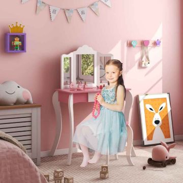Children's dressing table set, with stool and 3-panel mirror, 68 × 100 × 41 cm