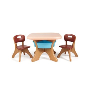 Children's furniture set, 1 table, 2 chairs, 4 storage boxes, Brown, 70 × 70 × 50 cm