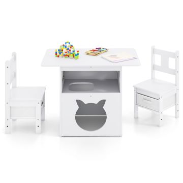 Laste mööblikomplekt, 1 laud + 2 tooli, Valge, 80 × 58,4 × 52,1 cm