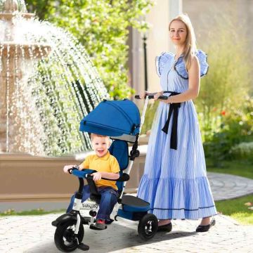 Children's Tricycle, 360° Rotating Seat, Blue/Gray/Pink, 32.5 × 19 × 38-43.5 inches