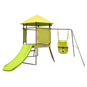 Children's play complex, with baby seat and slide, 228.6 × 167.64 × 204.47 cm