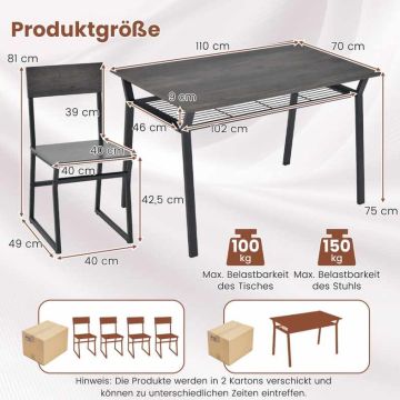 Dining set, 5 pieces, 4 chairs, Grey, 110 × 70 × 75 cm