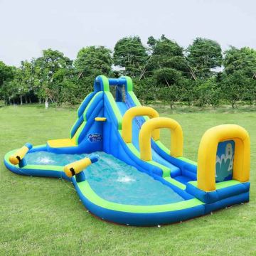 Water slide, with climbing wall and basketball hoop
