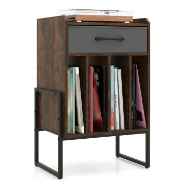 Vinyl record stand, 4 compartments, with drawer, Brown, 45 × 69 × 32 cm