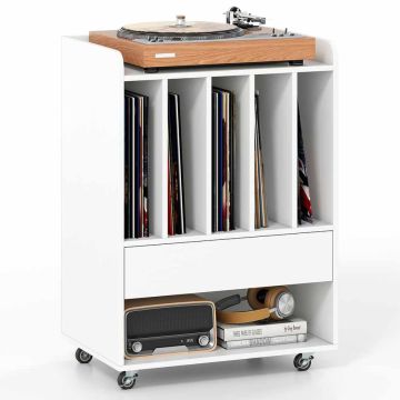 Vinyl record stand with 5 compartments, drawer and open shelf, white/white, 16 kg