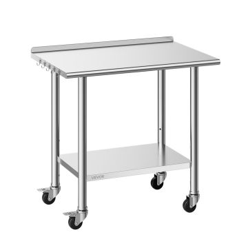 Кухонный рабочий стол VEVOR YH2-J-D-36, с колёсами и бортиком, 91,5 × 89,4 × 61 см