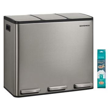 SONGMICS kitchen trash can, 3 × 18 l, with pedal, Silver, 62 × 35.3 × 54 cm