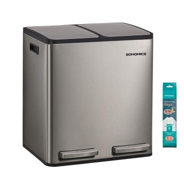 Köögiprügikast SONGMICS LTB130EZ01, 2 × 15 l, pedaaliga, Hõbedane, 41,8 × 35,3 × 45,5 cm