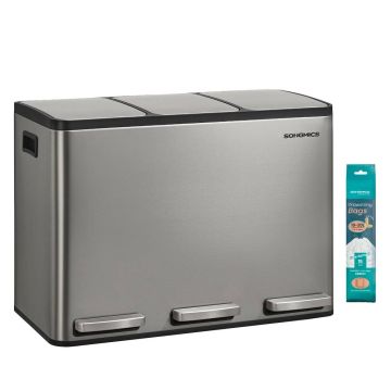 SONGMICS LTB145 Kitchen Trash Can, 3 × 15 l, Silver, 62 × 35.3 × 45.5 cm