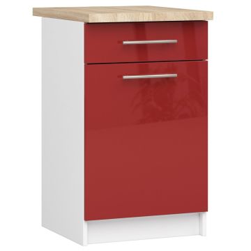 Köögikapp OLIWIA S50, üks uks ja üks sahtel, valge/punane, 50 × 85 × 46 cm