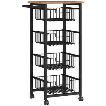 Кухонная тележка Homcom 49,5x31x91 см, черно-светло-коричневая.