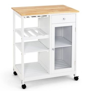 Kitchen trolley, with drawer and cabinet, White, 70 × 86 × 45 cm