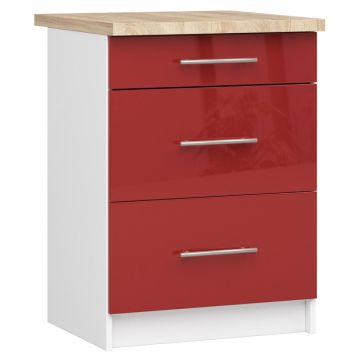 Köögikapp OLIWIA S60, 3 sahtlit, valge/punane, 60 × 85 × 46 cm
