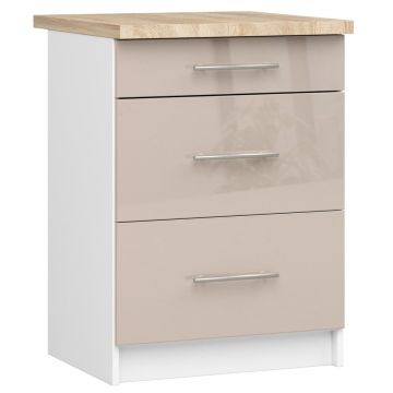 Köögikapp OLIWIA S60, 3 sahtlit, valge ja beež, 60 × 85 × 46 cm