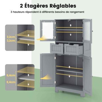 Bathroom cabinet, 4 doors, 2 drawers, Grey, 60 × 128 × 30 cm