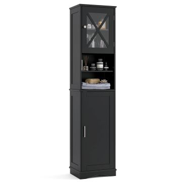 Bathroom cabinet, Tall, 5 shelves, Black/gray/white, 15.5 × 67 × 12 inches