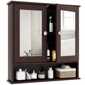 Peegliga vannitoakapp, 2 ust, reguleeritav riiul, pruun, 56 × 58 × 13 cm