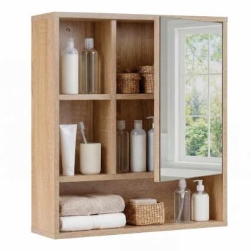 Bathroom cabinet with mirror, 3 open compartments and 2 spaces behind the mirror, 55 × 61 × 16 cm