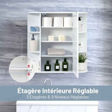 Bathroom cabinet with mirror, 6 open and 4 internal shelves, 66 × 16.5 × 62 cm