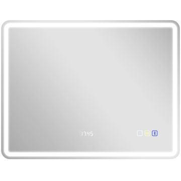 Зеркало для ванной, LED, Bluetooth, часы, Серебристое, 70 × 90 × 3,5 см