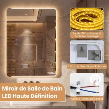 Bathroom Mirror, Rectangular LED, Silver, 70 × 50 × 3 cm