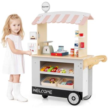 Toy food cart, POS machine, scales, 30 accessories, Gray, 29.5 × 12 × 40 inches