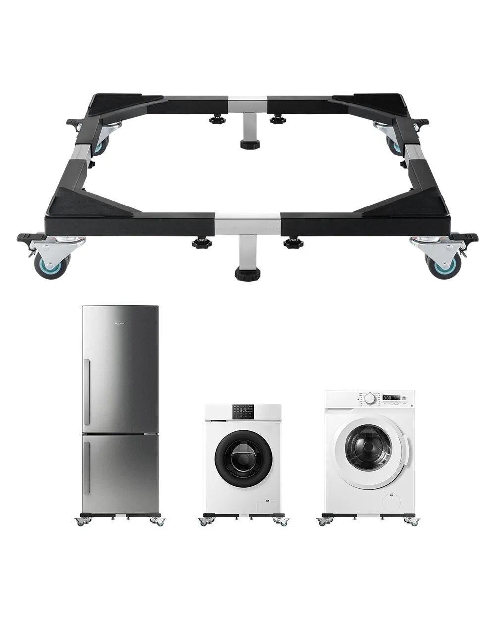 Mobile refrigerator and washing machine stand with wheels, 23-37 inch adjustable.