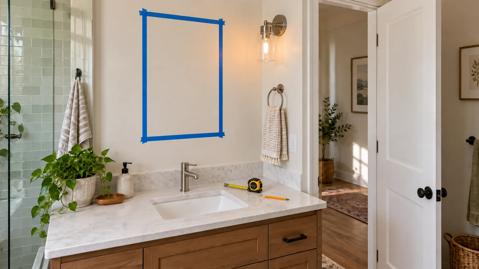 Masking tape marking the planned cabinet area on a bathroom wall