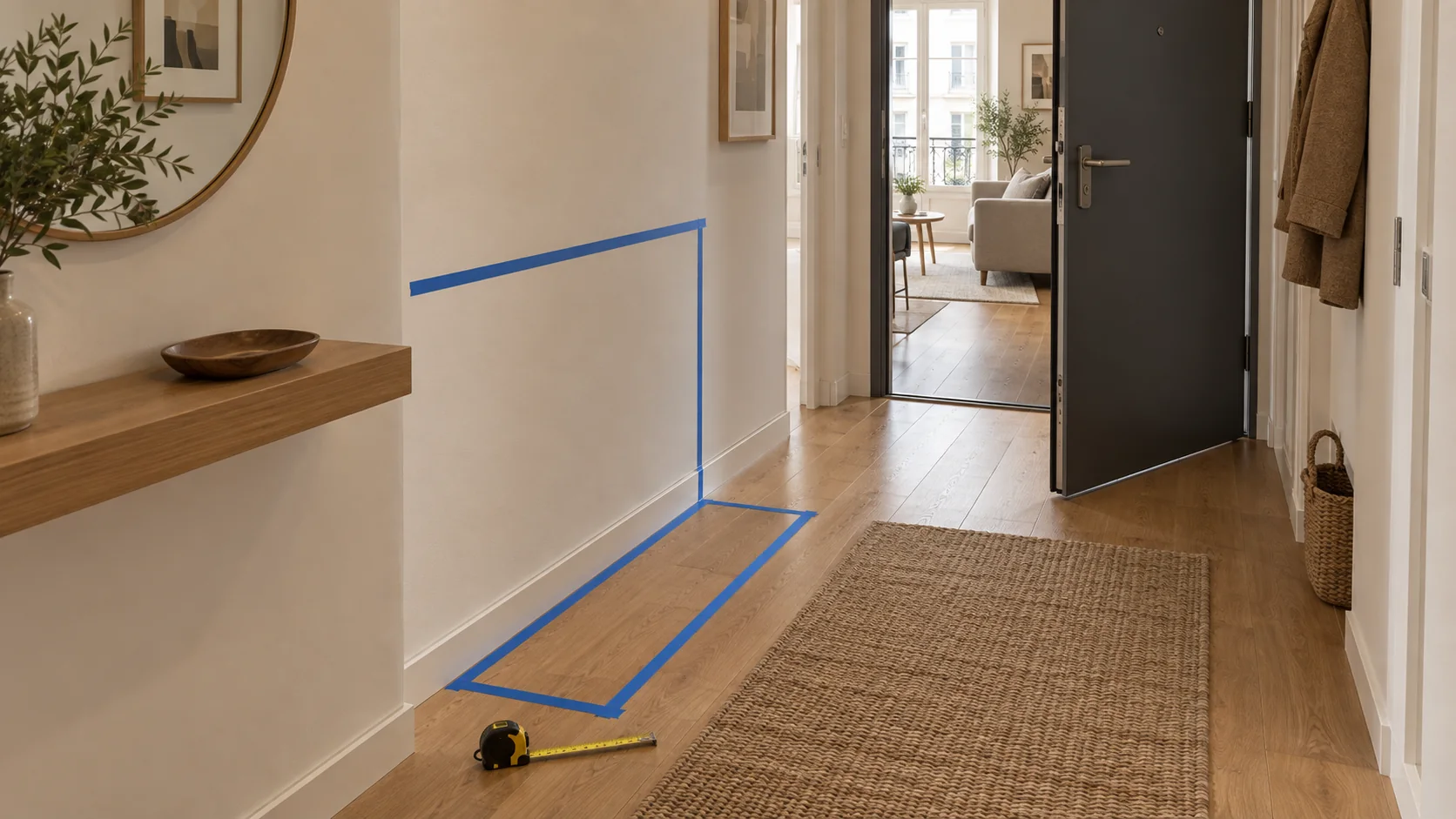 Console table width and depth marked with painter's tape in a hallway