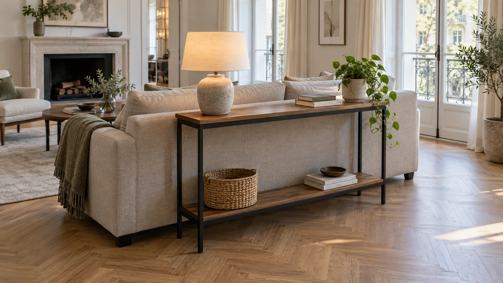 Slim console table with lamp and shelf positioned behind a living-room sofa