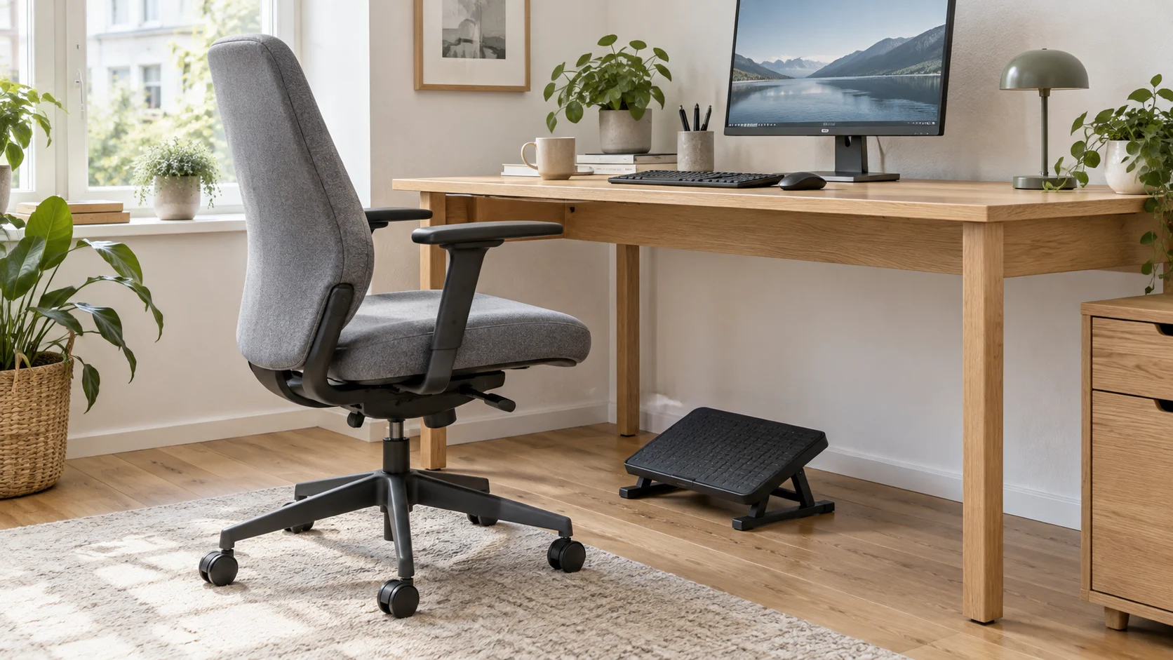 Grey office chair beside a desk and a separate footrest