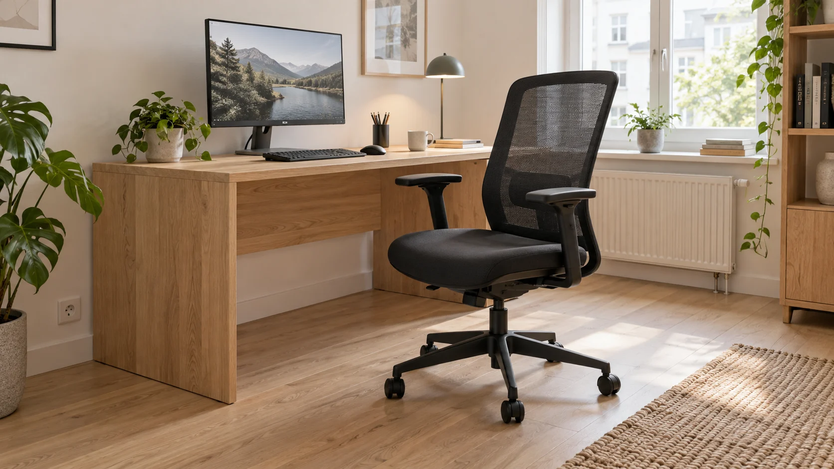 Black mesh office chair beside an oak desk in a bright home workspace