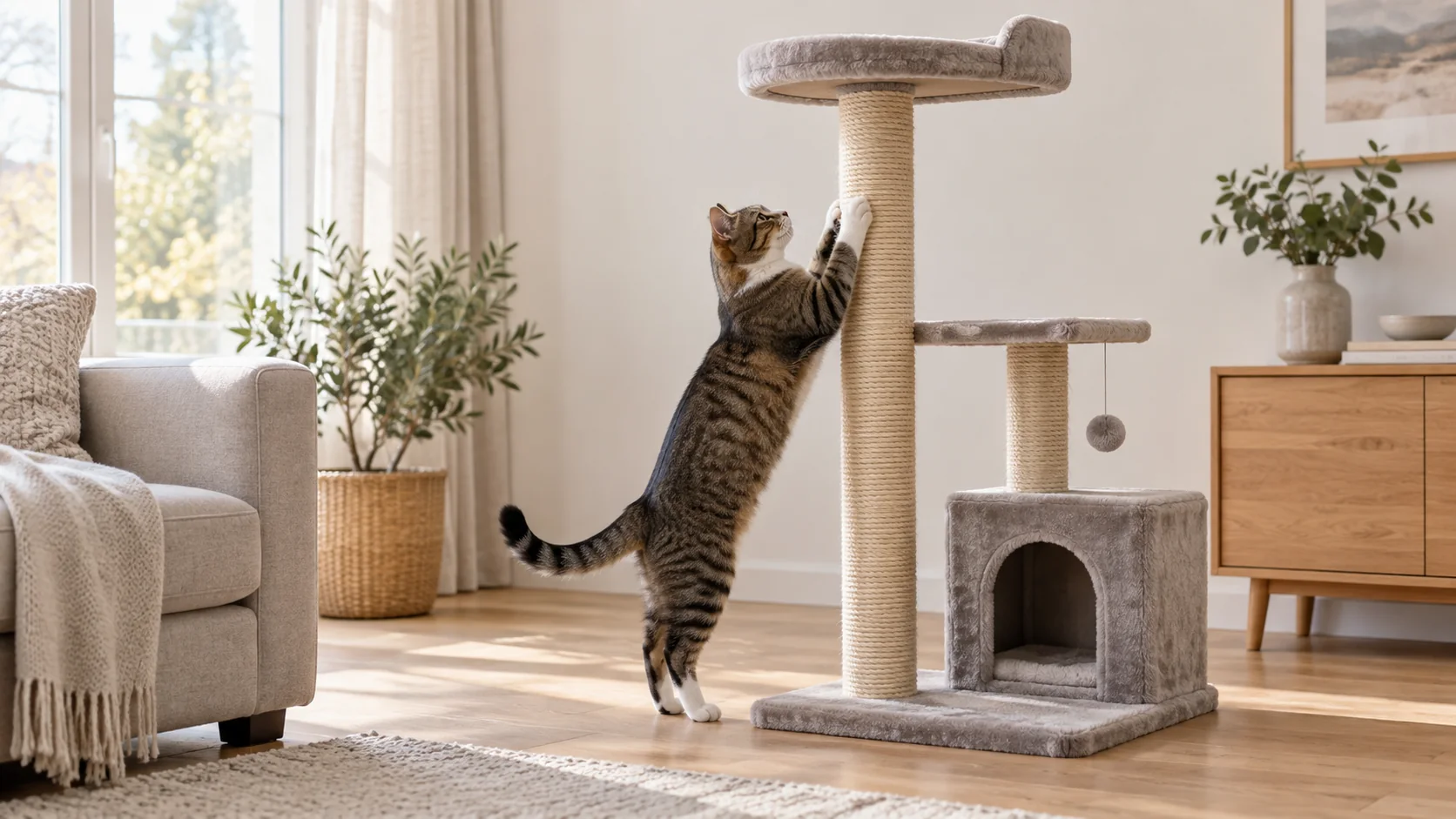 Cat stretching to scratch a tall sisal post in a bright living room