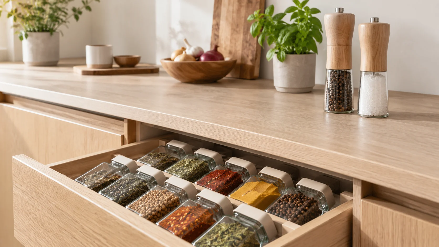 Organised spice drawer and mills on a light kitchen counter